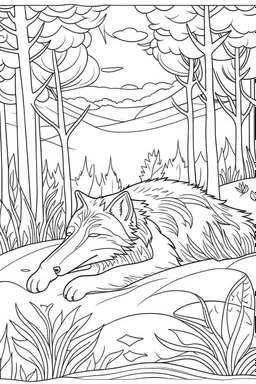 Coloring page for kids, cute sleeping wolf in the forest, minimal number of elements, clear thick lines,