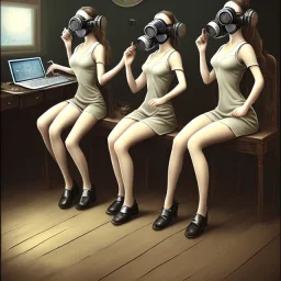 cute girls sitting at the computer in military gas masks. one of the girls is sticking out of the channel