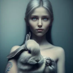 a cute smiling girl holding her bunny, tattoo in her face, michelangelo oil painting, steam punk, scary, horror, realistic, made in octane, cinematic, ultra-realistic, extremely detailed octane rendering, 8K, VRAY Super Real ar 2:3, dof photorealistic futuristic 50mm lens hard lighting dark gray tintype photograph, realistic lighting, sephia colors