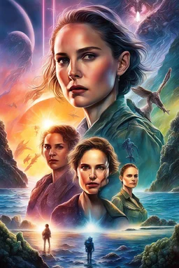 Movie poster art for "Annihilation" sci-fi starring Natalie Portman, woman scientists enter the "Shimmer" a corruption of a lighthouse and coastline featuring mutated flora and fauna, modern movie poster design by Drew Struzan, double exposure effects by Dan Mountford, deep vibrant colors, matte oil painting, intricate complex detail.