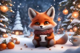 A beautiful little fox is sitting at a cup of cocoa, marshmallows in cocoa, tangerines, flowers, snow is falling, decorated Christmas trees in the background, very cute, huge eyes, hyperdetalized, detailed, intricate, digital painting, digital illustration, 4k, ultra hdr, beautiful fantasy landscape, realistic, full-color, nature, HD photography, magic background, 3D, deep sharpness