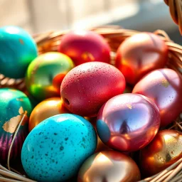digital photograph ofoff-center modern basket colorful Easter eggs. eggs display intricate textures in azure, emerald, blush, crimson, sapphire, and gilded metallic hues. cinematic HDR backlighting highlights subtle dimples and glossy reflections, with shallow depth of field softening the sunlit background. hyperrealistic 8k resolution, rustic ambiance,