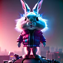 pixar style anamorphic cute cyberpunk rabbit baby, smiling, full body, magenta puffer jacket, manila city backdrop, hyper realistic, unreal engine 5, 16k,