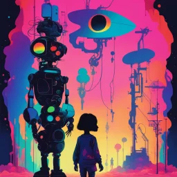 psychedelic colorful silhouette, big robot, little girl, Miró, vaporwave, moody