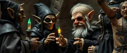 pin hole picture, miniatures on fake scene,master oil painting by Rembrandt, good afternoon bitch scary dark elf character aged matron malice talking to dark elf half spider priests of Menzoberranzan, close up portrait of a cunning knitted doll trying to explain something weird, they all have strange multi colored magical auras