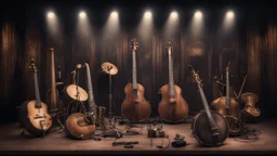 Hyper Realistic musical instruments orchestra on a dark vintage designed stage with dark grungy rustic background & vintage lights