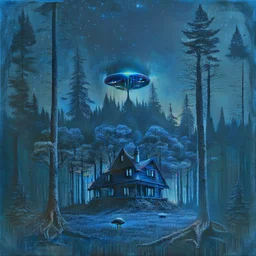 a black metal album cover showing a dark forest with a house in the distance and a UFO in the sky dark blue photorealistic