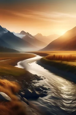 imagen de paisaje de cordillera montañosa,con ríos en un amanecer al estilo de vincet v