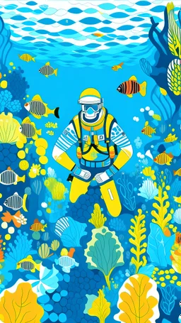 scuba diver , repeating patterns design, fabric art, flat illustration, Vector, 4K, Art station, digital print, highly detailed clean, vector image, photorealistic masterpiece, realistic butterflies , flat background, isometric, bright vector, white background, 500 leaf, bright color, beautiful