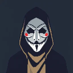 18 bit pixelart of a shadow figure with a white smooth wide smiling mask fawkes