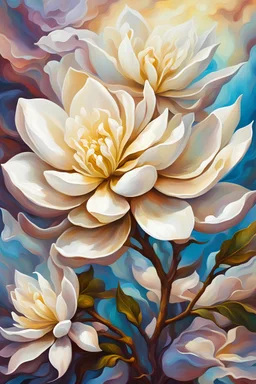 vibrant psychedelic oil painting image, airbrush, 64k, cartoon art image of background white and beige magnolia flowers , dystopian