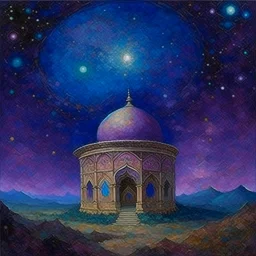 A violet cosmic Arabian palace with an observatory in the starry sky painted by Claude Monet