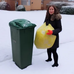 a lifelike picture of a women taking the rubbish out in the snow