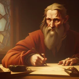 leonardo da vinci works in his study on a laptop at his desk. painting in photoshop. hyperdetailed, warm colors, movie poster, photoillustration, oil on canvas, lens flare