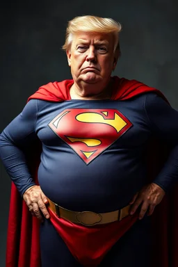 a thoroughly confused, frail, elderly and obese donald trump standing dressed as superman