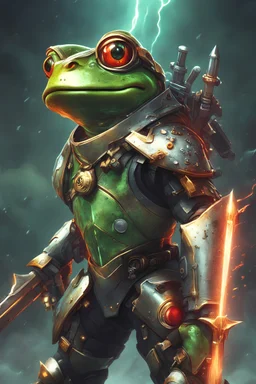 Frog Green Soldier Portrait Glow big red eye Gold Armor Robotic lightning Gun Silver Smoke Dust 16k details epic rare future water nice warrior furious sword