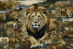 hyperrealistic visual expression of a lion forming from multiple layered scenes depicting various aspects of life. Each segment of the lion's form is a different snapshot of life, ranging from a bustling city street to a serene countryside, from an active underwater world to a tranquil forest scene. This majestic collage of life is seen striding unabashedly across a stark, desolate wilderness, underlining the beauty and vitality of life even amidst a barren landscape.