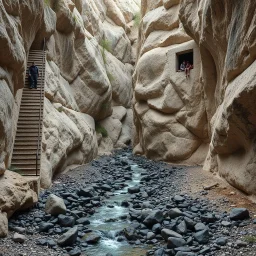 Fotografia iperrealistica di una spianata circondata da pareti di roccia chiara, con terreno argilloso e calcareo, e un piccolo un corso d'acqua che scorre su un letto di rocce scure. Su una parete di roccia si apre una finestra di un edificio che si trova all'interno della montagna, da cui alcune persone guardano il panorama. Su una parete a sinistra si aprono delle scale che scendono verso il torrente