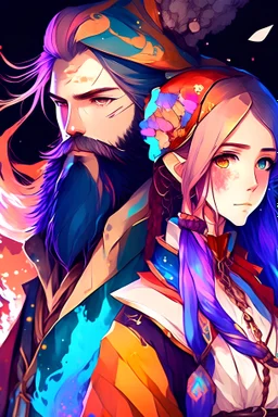 anime couple, mage, colorful, man with beard