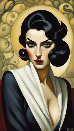 Fred Calleri, Tamara de Lempicka, Fabio Hurtado , retro style art ,muted colors, hard impressionists brushstrokes, full body portrait, mature, elegant vampire sorceress, highly detailed black hair and facial features, big round eyes, intimate, perfect anatomy, fading edges, combined with the photographic style of Diane Arbus