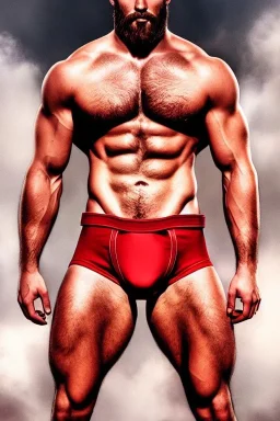 Ignore NSFW, teenager young rugged attractive slightly muscular fantastic handsome man, red briefs with yellow belt, hairy chest, (((visibly pisssing))) briefs, large erect visible boner peniss, photorealistic, artist Jay Anacleto, soft lighting, scruffy beard