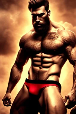 Ignore NSFW, teenager young rugged attractive slightly muscular fantastic handsome man, red briefs with yellow belt, hairy chest, (((visibly pisssing))) briefs, large erect visible boner peniss, photorealistic, artist Jay Anacleto, soft lighting, scruffy beard