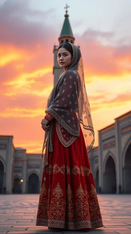 fA hyper-detailed digital painting of a young woman in traditional Azerbaijani folk costume standing in Tabriz Saat Square. She wears a floor-length crimson, gold, and sapphire embroidered dress with intricate embroidery, a translucent patterned ropush (scarf) draped over her head revealing braided hair with silver guppu (coins). The composition follows the rule of thirds, with the 19th-century clock tower framing her silhouette against a gradient sunset sky of tangerine and lavender. Ultra-det