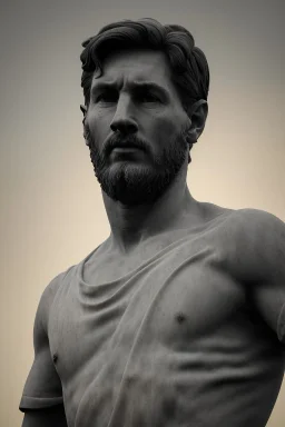 Realistic image, classical renaissance marble sculpture, marble material, Lionel Messi, waist up portrait, epic, celestial, cinematic lighting, God light, god rays, 4k resolution, smooth details, ornate details, soft lighting, unreal engine 5, sky background.