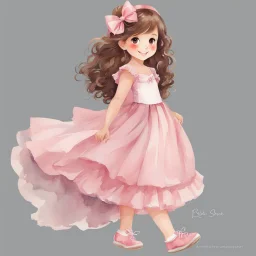 watercolor, full body, different poses, cute smile girl, curly hair, big eyes, long brown hair, pink dress, pink shoes, white backgrownd