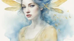 Victorian era, watercolor drawing, double exposure, fine rendering, portrait of a beautiful woman 30 years old, airy transparent dress, double exposure, dragonflies, fantasy, blue, yellow, flowing hair, highlights, sparkles, clear lines, detail, fine drawing, high resolution , 8K, photorealism, precise focus,