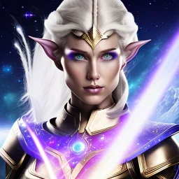 cosmic mage, elf, female, battle mage, epic, cosmic magic, long ears, white hair, face details, pale skin, jewellery, broad shoulders, sharp ears, cosmic clothes, cosmic eyes, ears shown, light out of eyes, the cosmos in eyes, stars in eyes, shining eyes, non human face, thin face, animation, detailed ears, magical eyes, non realistic, closed mouth