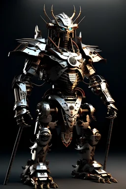 In the high-tech era of the future, the mechanical samurai stands proudly as a perfect fusion of technology and tradition. Its body is constructed from a robust alloy, shimmering with a nanocoating that gives it both invincibility and a futuristic glow. Visual Features: Armor and Design: The appearance of the robot integrates ancient samurai armor with futuristic aesthetics. The armor is adorned with futuristic patterns, maintaining the silhouette of a traditional samurai, including ornaments