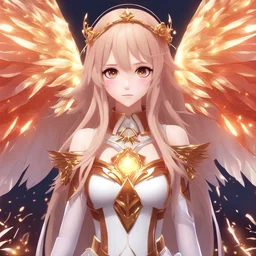 3D animation, genshin impact , Beautiful divine angel girl , long shiny hair , gradient , fiery majestic wings , Glare , glitter , colors