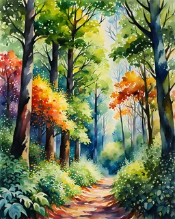 Bosque con árboles grandes y frondosos, calidad ultra, hiperdetallado,12K, pintura arte acuarela impresionista maximalista, explosión de colores, increíble obra de arte