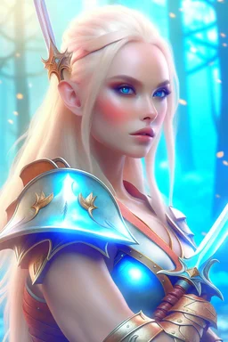 pretty woman, warrior, elf, blonde hair, fantasy, Skyrim, conventionally attractive, fighter, sword, elder scrolls, young, maternal, 3d render, cinematic, conceptual art, poster