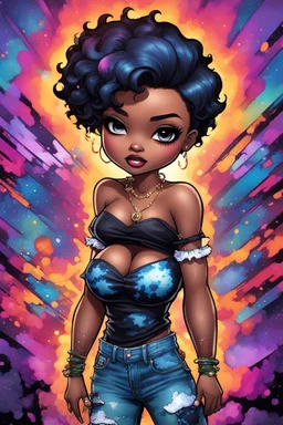 vibrant psychedelic comic book image, airbrush, 48k, cartoon art of a chibi curvy black female wearing torn jeans pants and a black tie dye off the shoulder blouse. Prominent make up with lush lashes. Highly detailed short pixie cut