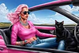 Woman in pink sedan sport car wearing a pink top blue jeans and silver jewelry next a black cat sitting in car, detailed, photorealistic, harmony mood, blue sky, background landscape