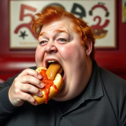 fat man with red hair eating a big hot dog, realistic photo, big mouth open, "Karlsson på taket" vibes
