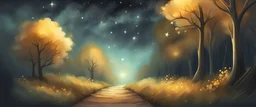 fantasy concept art forest path with golden trees, stormy night sky, shooting stars, linear, watercolour