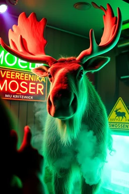 An big female moose with big eyes "Veronika Moser" performing at dance club, her name is "Moser" HAIRY FRUITS EVERYWERE On stage, Green Neon lights and smog, and "VERONIKA MOSER" big sign on the wall, "DU UND ICH UND MOSER" red plate sign, Swedish Yellow warning sign with moose