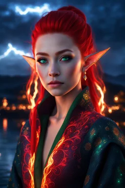 detailed eyes, female elf, red high ponytail hair, detailed glowing ornamental magical pattern robe, glowing gem crackling with lightning implanted on robe, 8k, high detail, lake background, midnight, facing viewer, front facing