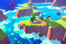 Vast blue oceans, Legend Of Zelda: Wind Waker style, stylized, colorful, adventurous.