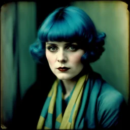 Clara bow, with blue hair, scarf, autochrome