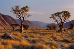 Dry trees, night, arid land, vegetations, rocks, little river, mountains