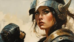 portrait of a Woman Warrior, hand Fist :: Robert McGinnis + Jeremy Mann + Carn Griffiths, clear contours, clear lines, detail, fine rendering, high resolution, 64K, photorealism, precise focus,