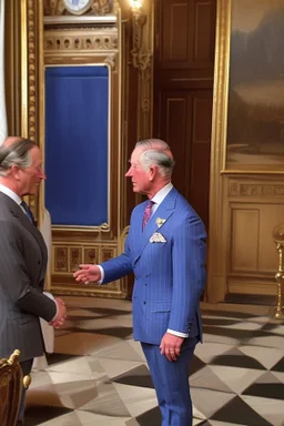 The Prince of Wales in traditional dress shakes hands with a guest in a blue suit, drawing room of St James's Palace, during a reception