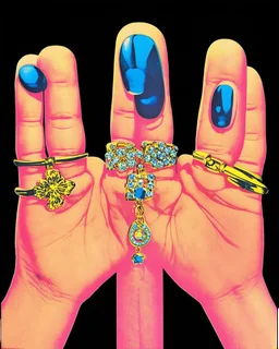 An album art cover in the style of Sticky Fingers by Andy Warhol, 1971 with jewelry, attractive, 4 fingers and a thumb, black background