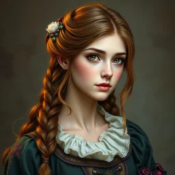 A pretty fantasy girl, hazel hair, intelligent, historical, colourful clothes, middle-aged