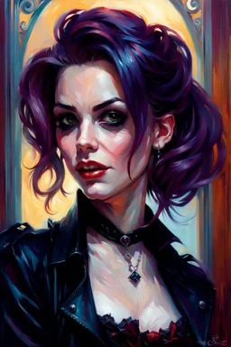 oil painting of a gothpunk vampire girl ,in the painting style of Daniel F. Gerhartz, with a fine art aesthetic and a highly detailed, realistic style