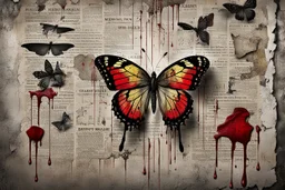 a bleeding black velvet butterfly is pinned to an old, dirty wall with a large shiny nail, red blood flows from the butterfly's wings and body, next to it on the wall are old, yellowed, cut-out newspaper articles about missing children, dirty fingerprints and drops of blood on the cracked, old gray-white wall , intricate details, sharp focus, cinematic, surreal, hauntingly beautiful, perfect composition